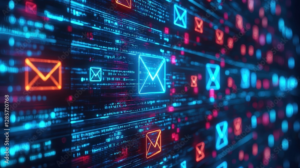 Poster computer screen displaying a dynamic blue and red arrow symbol representing progress and direction