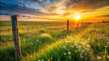 Fototapeta premium Golden Hour Serenity A Rustic Fence Lines a Vibrant Wildflower Meadow Bathed in the Warm Glow of a Setting Sun