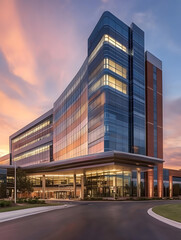 Obraz premium Modern Multistory Office Building Exterior with Glass Facade at Sunset : Generative AI