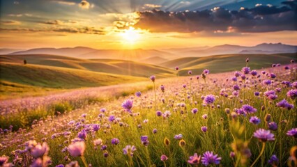 Obraz premium Golden Hour Serenity A Vibrant Meadow of Purple Flowers Basking in the Warm Glow of a Sunset Over Rolling Hills