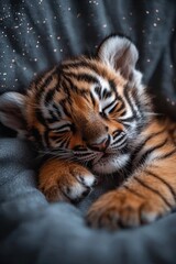 Obraz premium A small tiger cub sleeping on top of a blanket