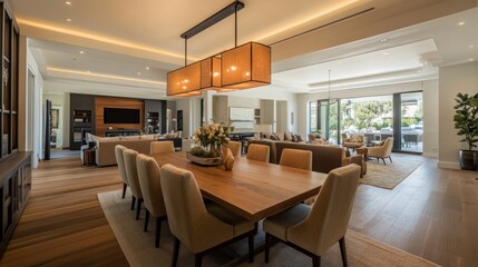 Fototapeta premium A spacious dining room boasts a massive wooden table surrounded by plush, beige-brown armchairs. Beyond the dining area, the cozy living room is visible.