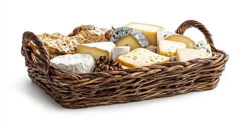 A rustic basket filled with assorted cheeses, including brie, gouda, and blue cheese, styled naturally, isolated on white