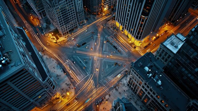 Aerial Cityscape View of Illuminated Skyscrapers and Traffic Filled Intersections in a Bustling Metropolis at Night
