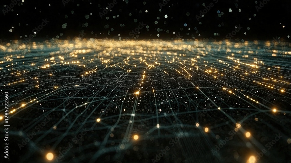 Poster a complex network with lights connecting nodes in a web of interconnected digital elements