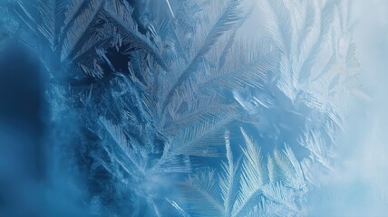 close-up of delicate frost patterns on an icy window