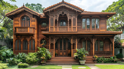 Naklejka premium Ornate Wooden House Facade With Lush Landscaping