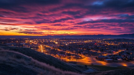 City lights twinkle under a colorful sky as the sun dips down over the horizon.
