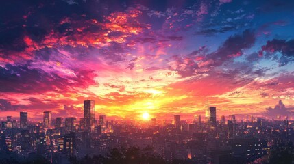 Obraz premium City lights twinkle under a colorful sky as the sun dips down over the horizon.