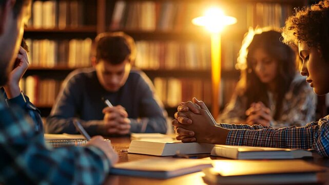 College Students Prayer Study Session in Library