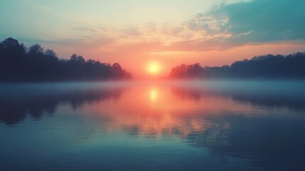 Naklejka premium a serene view of a sunrise over a calm lake, with mist creating a tranquil atmosphere