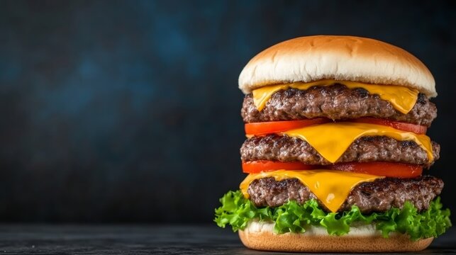 Large hamburger with three patties and a generous amount of cheese. The burger is topped with lettuce and tomato