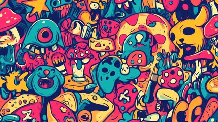 Fototapeta premium Groovy retro cartoon characters create a trippy pattern. These colorful comic characters, dogs, mushrooms, and pizza bring back the psychedelic vibes of the past.