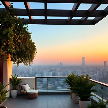 &Aacute;tico con una p&eacute;rgola semiabierta, plantas colgantes y vistas despejadas al atardecer urbano.