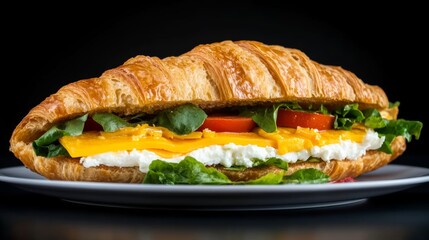 Sandwich with lettuce, tomatoes, and cheese on a white plate. The sandwich is cut in half and placed on a black background