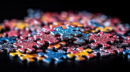 Colorful glitter puzzle pieces on black background