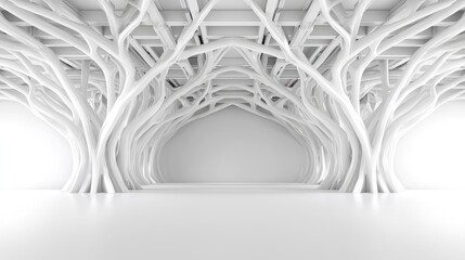Abstract white room, tree-like columns, empty space, architectural design, interior design