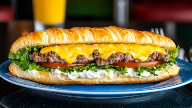 Large sandwich with meat, cheese, and lettuce on a blue plate. The sandwich is cut in half and placed on a table