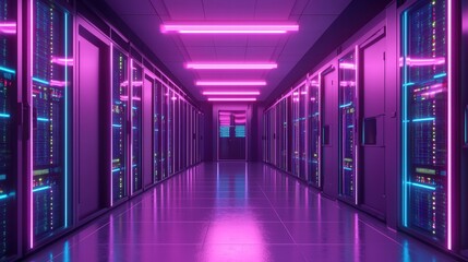 Futuristic server room bathed in vibrant purple and blue lights showcasing high-tech data equipment