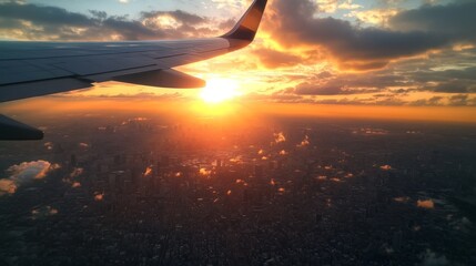 Stunning photo of a sunset from an airplane window, offering a captivating view of a city skyline.