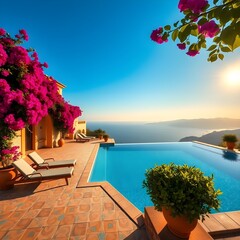 Casa tradicional mediterránea con un patio de mosaico y una piscina de borde infinito.