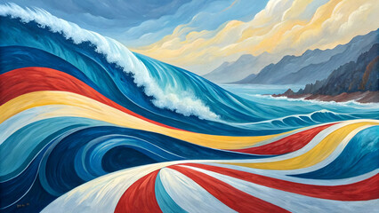 Abstract surreal acrylic painting with fluid wavy lines and a vibrant mix of blue, red, white, and yellow.
