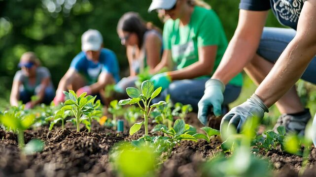 Community Volunteers Planting Sustainable Sprouts in Garden Field