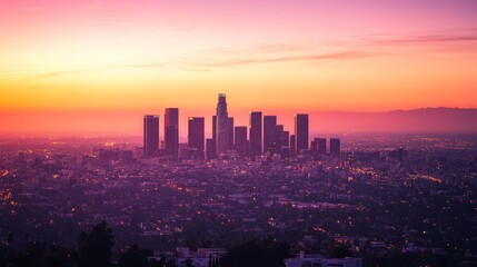 Obraz premium The city of Los Angeles looks beautiful as the sun starts to set, casting a warm glow on the buildings.