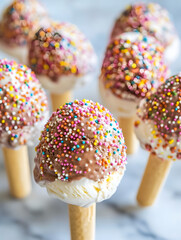 Colorful Ice Cream Cone Pops with Rainbow Sprinkles on Bright Background : Generative AI
