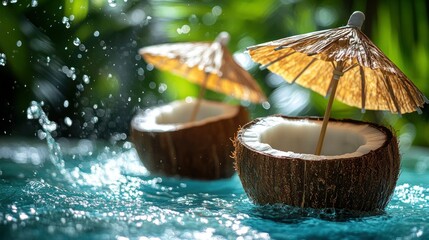 Tropical coconut boats with umbrellas on water, splashing background