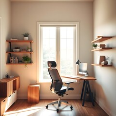 Oficina en casa con escritorio de madera, silla ergonómica y estanterías flotantes.