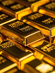Luxurious Glimmering Gold Bars Arranged in Neat Rows for Investment and Wealth Concept : Generative AI