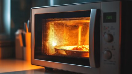 Fototapeta premium A close-up of a microwave door with a transparent window, showing food heating inside