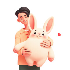 Portrait funny cartoon cute handsome excited asian guy in casual fashion yellow green clothes holding big plush toy bunny with both hands as birthday gift, valentine's day. 3d render white background