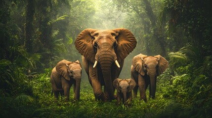 A mesmerizing photograph showcasing a family of elephants leisurely wandering through a vibrant lush green rainforest landscape surrounded by towering trees and abundant foliage