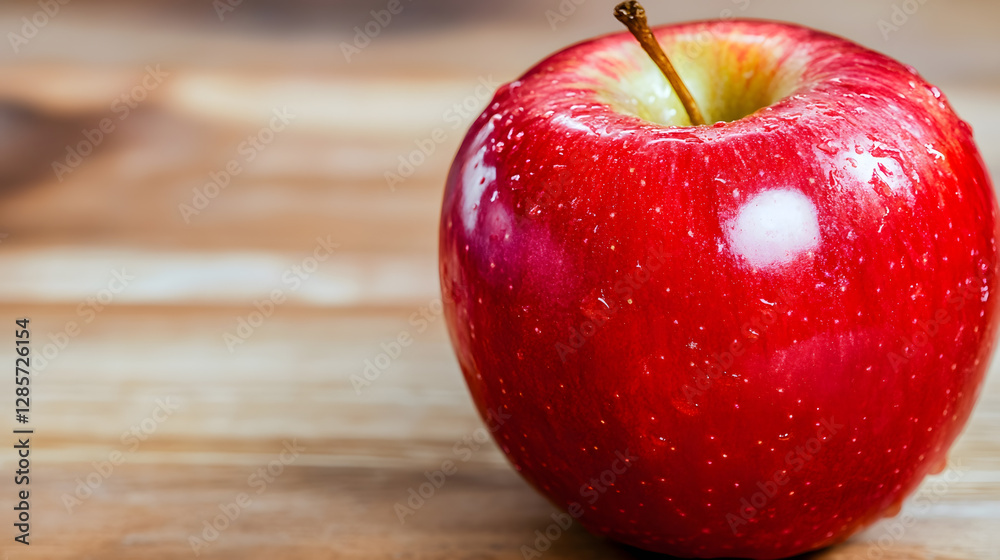 Poster closeup of a vibrant red apple with water droplets on rustic wooden table : generative ai
