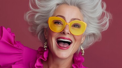 Fototapeta premium Woman with a yellow pair of sunglasses on her face. She is smiling and she is happy