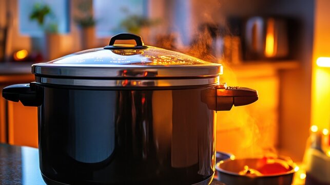 A close-up of a rice cookers stainless steel exterior, reflecting warm kitchen lighting