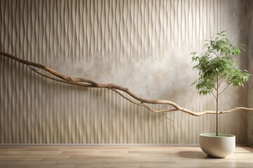 Serene Minimalist Interior Design Featuring a Textured Wall, Elegant Branch Decor, and a Potted Plant