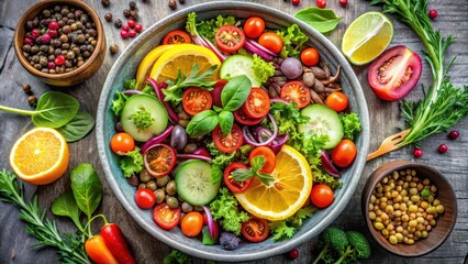 A vibrant and colorful medley of fresh garden vegetables and citrus fruits arranged in a rustic bowl, creating a wholesome and delicious salad for a healthy meal