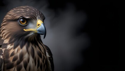 Obraz premium A golden eagle with piercing eyes surrounded by mist against a dark background