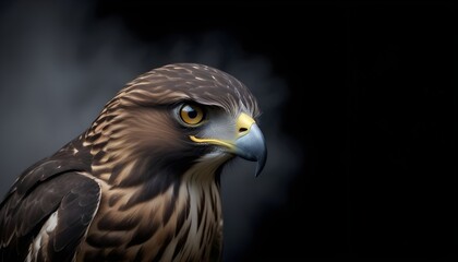 Obraz premium A golden eagle with piercing eyes surrounded by mist against a dark background