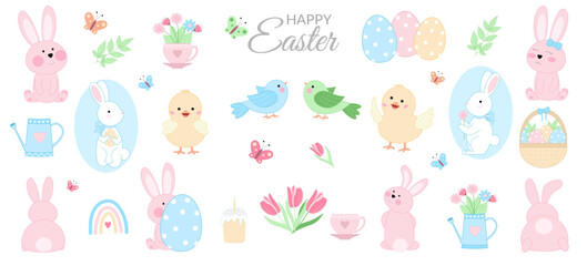 Cute Easter set, collection of spring  elements and characters  - rabbits, chicks, birds, butterflies, flowers, eggs, basket. Vector illustration isolated on white background