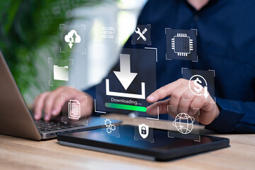 Digital transfer and digital Download concepts, Businessman use tablets to transfer data, Software, Internet banking transfer, Download files, File management, Storage technology security, Service