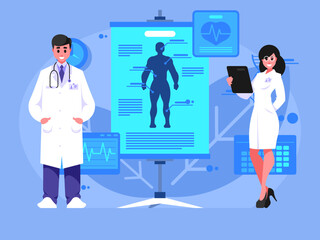 Department of Surgery. Doctor in a white coat stands with a stethoscope. Medical specialist. Female doctor with clipboard. Flip chart with human body. Healthcare concept background. Vector graphics