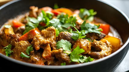 Spicy Indian Curry with Fresh Vegetables and Garnished Herbs in Black Bowl : Generative AI