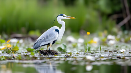 Naklejka premium Majestic Grey Heron Standing in Lush Green Wetland Habitat : Generative AI