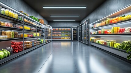 A commercial walk-in refrigerator with large storage shelves filled with food supplies