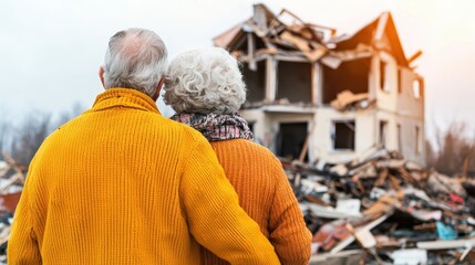 Natural Disasters, Elderly Couple Surveying Damaged Home Amidst Debris at Sunset and