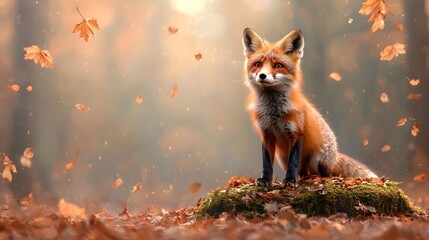Obraz premium A captivating photograph showcasing a playful red fox standing gracefully on a moss covered rock in a serene woodland environment surrounded by golden autumn leaves and a peaceful atmosphere